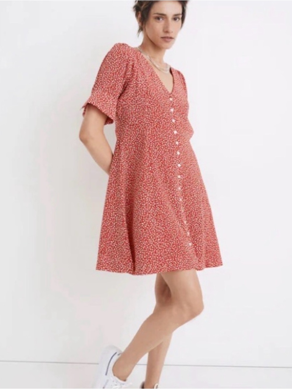 NWT Madewell Red Floral Button Front Mini Dress Tie Sleeve Size 00